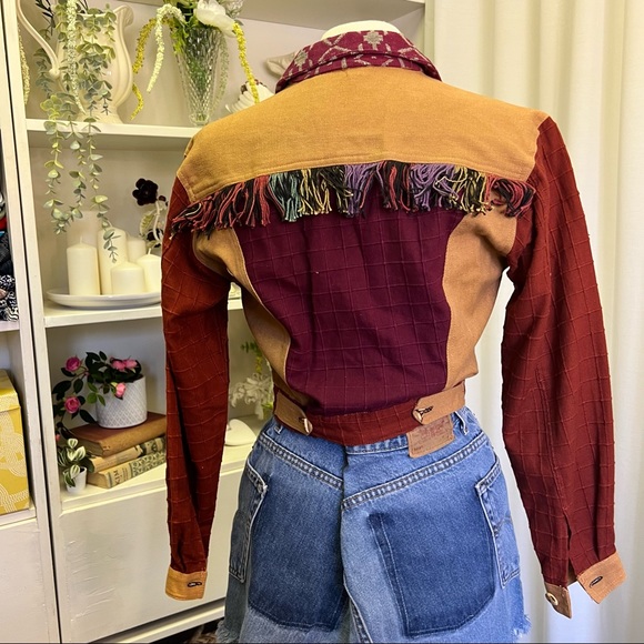 90s Passports by Pier 1 Imports Eclectic Fringe Patchwork Cropped Jacket - Picture 5 of 13